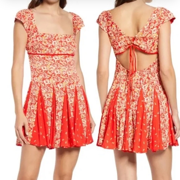 NEW Free People Ponderosa Floral Red Cream Open Corset Tie Back Dress Small - Picture 1 of 14